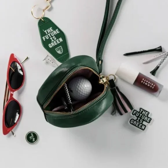 Fore All Tulee Mini Bag Green Leather Clip Tassel Round Wristlet Bag Charm Golf - Picture 7 of 7
